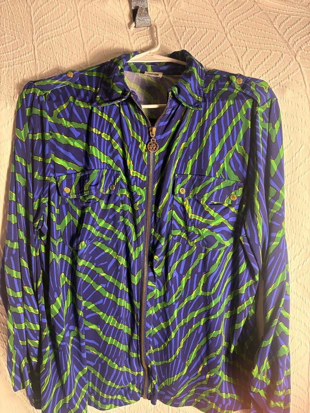 Anne Klein Blue and Green Zebra Print Full Zip Blouse with Pockets